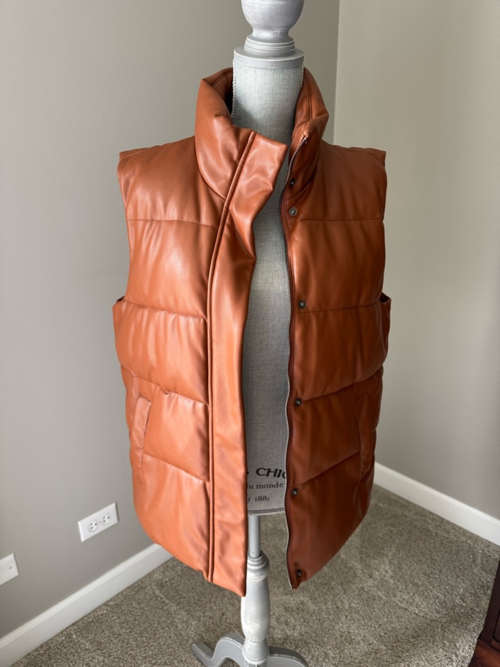Faux Leather Puffer Vest in Cognac - Women's Sleeveless Coat